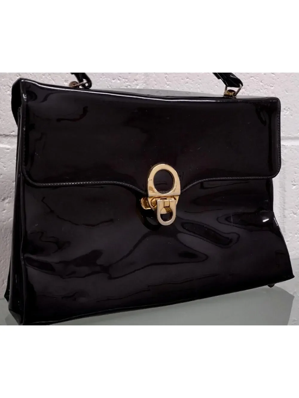 Vintage 60s Kelly Style Purse Crown Lewis Black Patent Leather Bag Gold Plated
